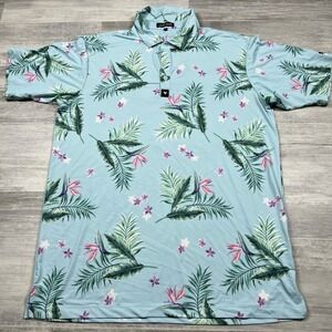 Bad Birdie Polo Shirt Men's Large Blue Floral Multicolors All Over Print‎ NWOT